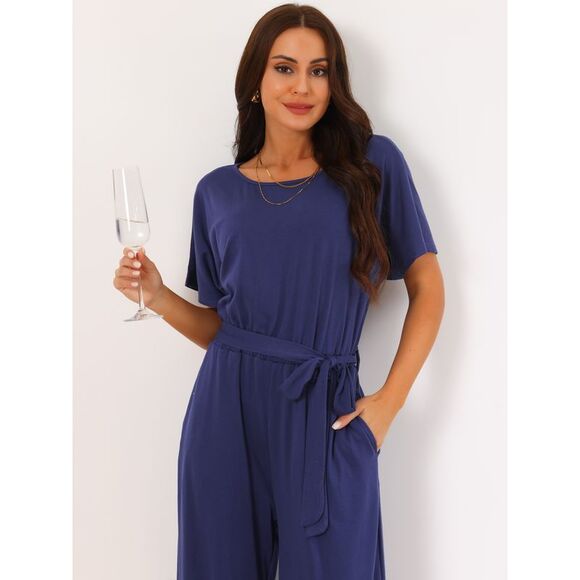 Belted High Waist Wide Leg Casual Dressy Jumpsuits Dark Blue - Picture 3 of 6